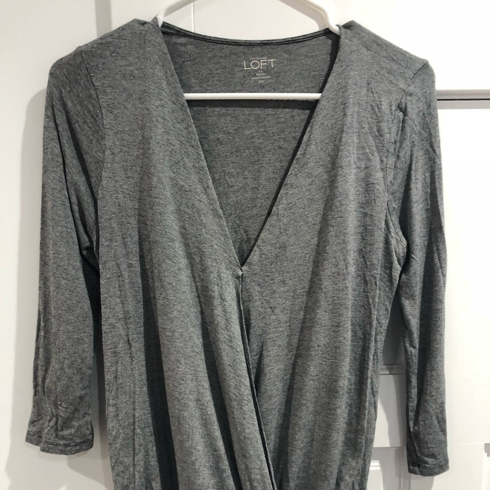 Striped, 3/4 length, wrap shirt.